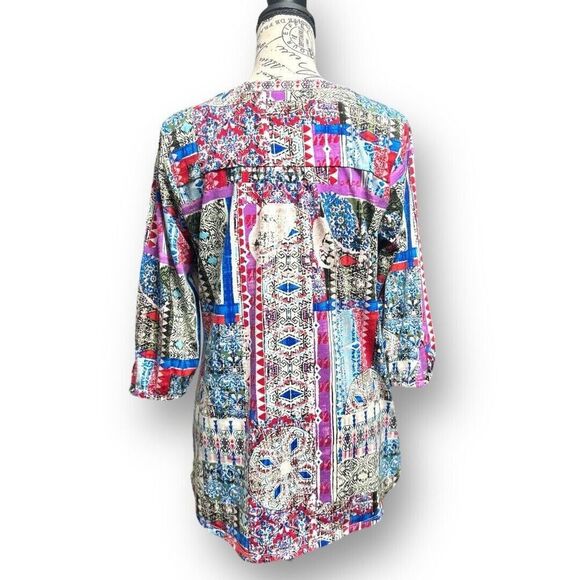 Kate Park PL Gray Cream Blue Boho Patchwork Tunic Top Artsy Retro Festival Chic - Picture 5 of 12